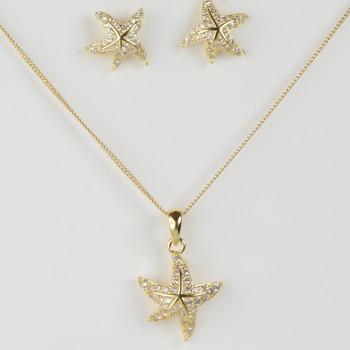 Sterling Silver Vermaille Plated/CZ Starfish Pendant and Stud Earrings